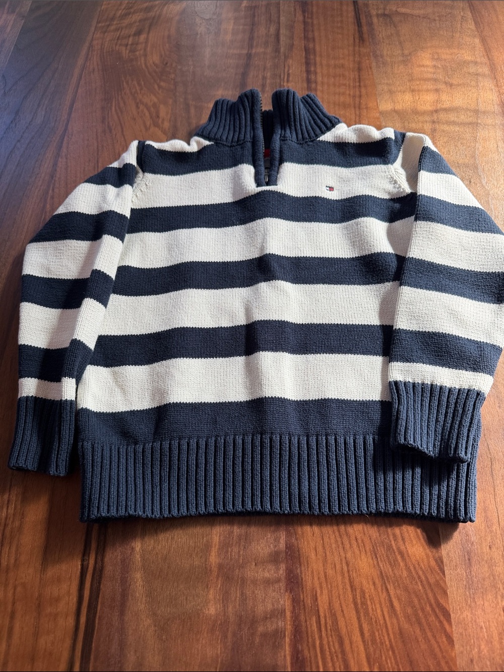 Boys 6 Tommy Hilfiger Navy & White Striped Quarter-Zip Sweater